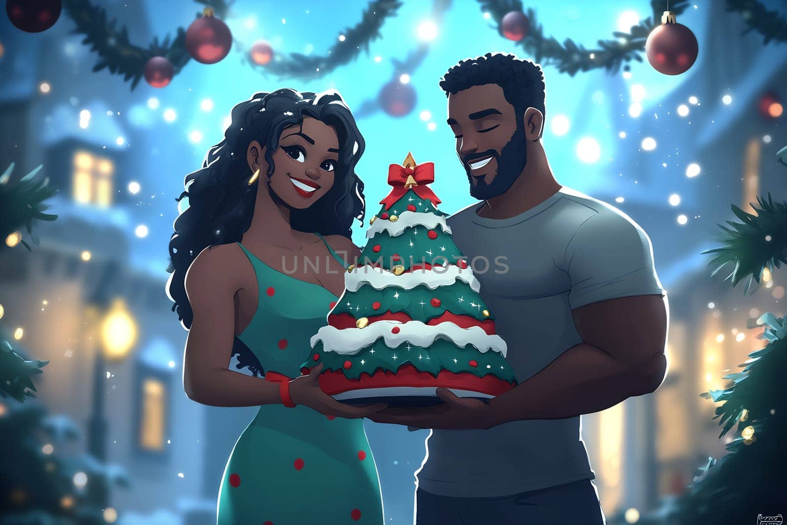 A cheerful couple holds a decorated Christmas cake in a snowy outdoor setting, surrounded by holiday decorations and lights.