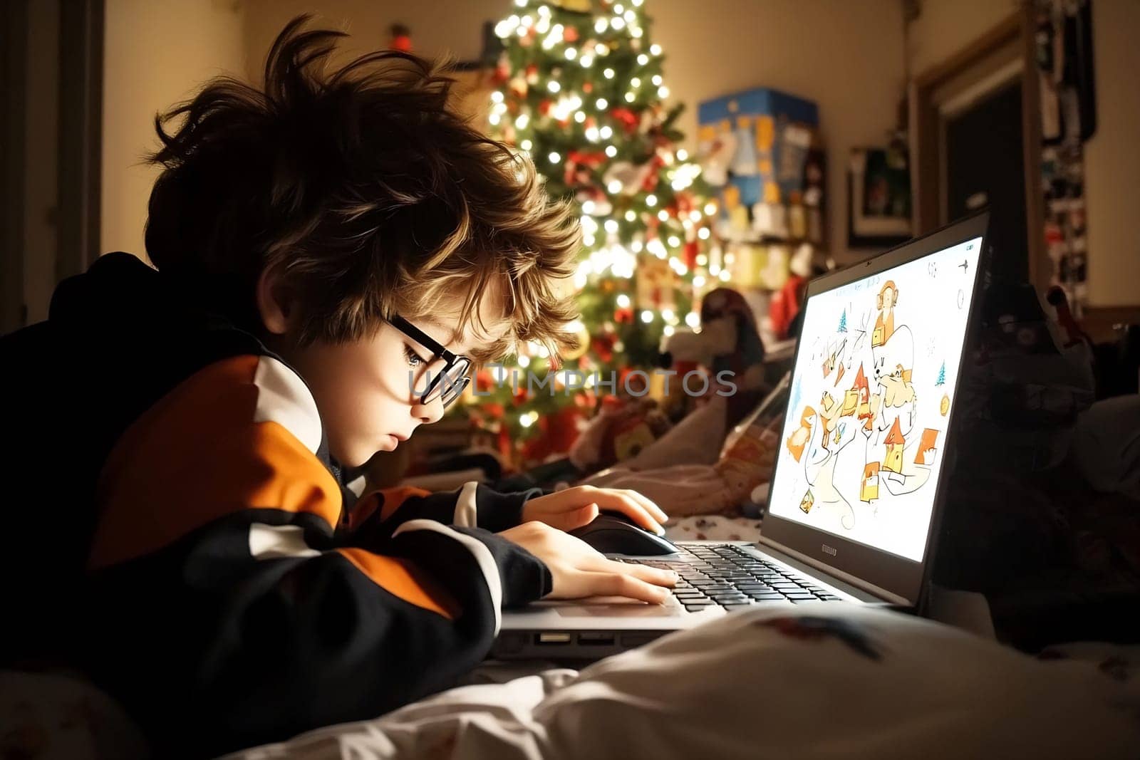 A child wearing glasses is focused on a laptop, illuminated by a colorful Christmas tree in the background, creating a cozy atmosphere.