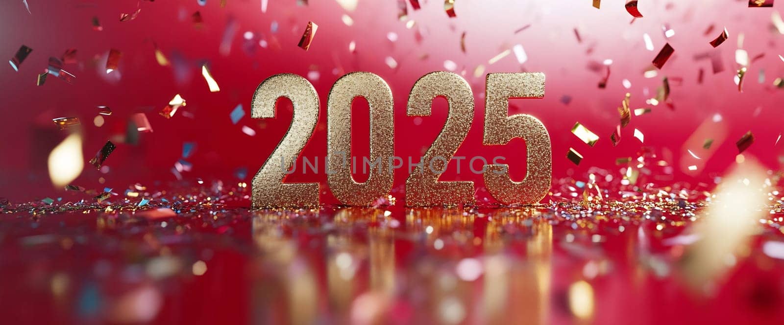 Golden numbers representing 2025 are surrounded by colorful confetti against a bold red background, capturing a festive atmosphere.