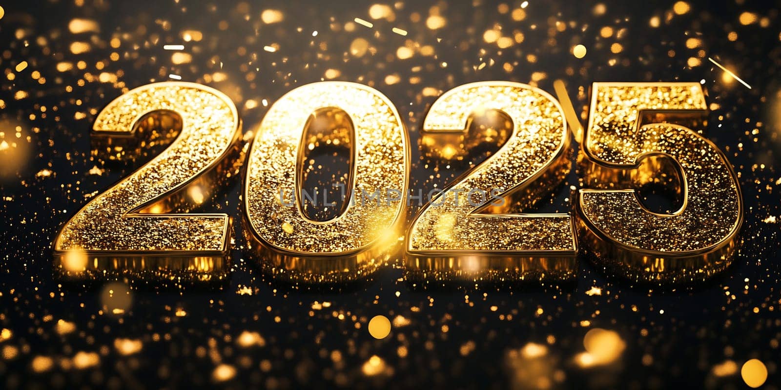 A vibrant display features sparkling golden numbers representing the year 2025, perfect for festive occasions and New Year events.