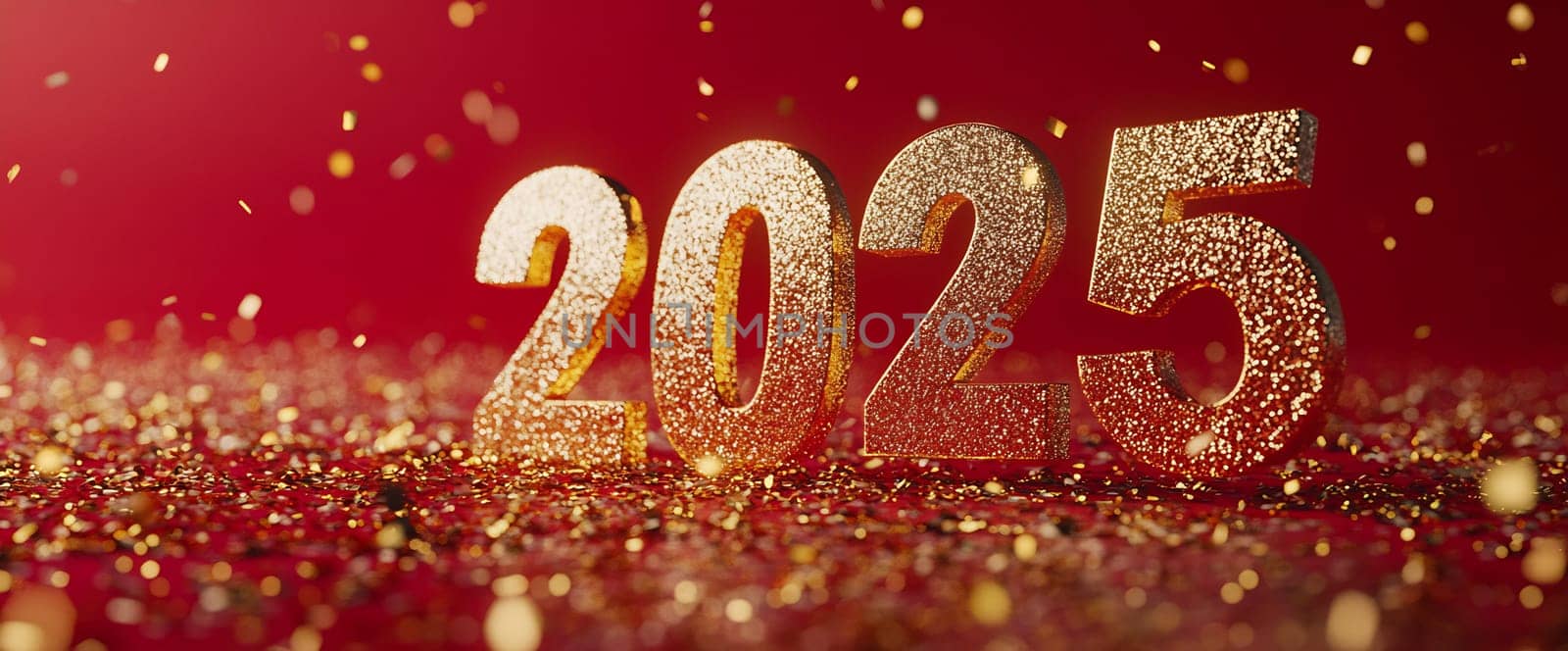 Golden numbers for the New Year shine brightly on a festive red background, surrounded by sparkling confetti and glitter.