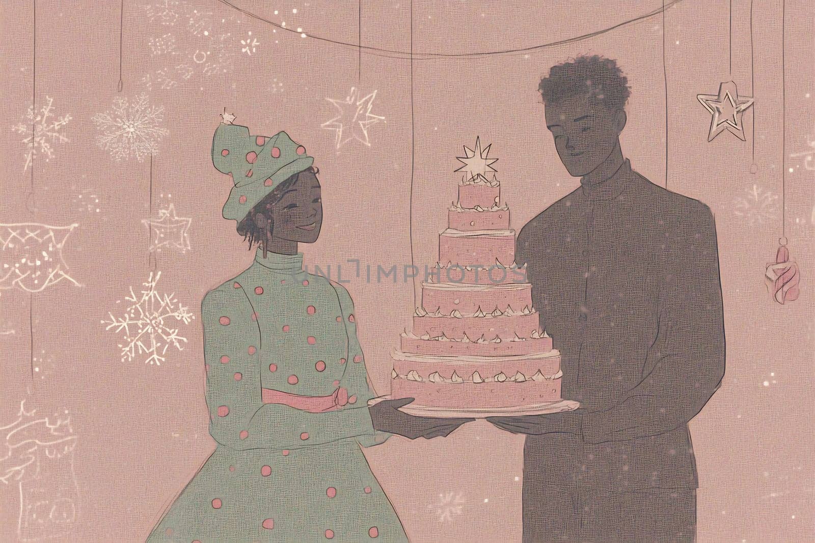 A couple shares a joyful moment, presenting a beautifully decorated cake amidst winter decorations and holiday spirit.