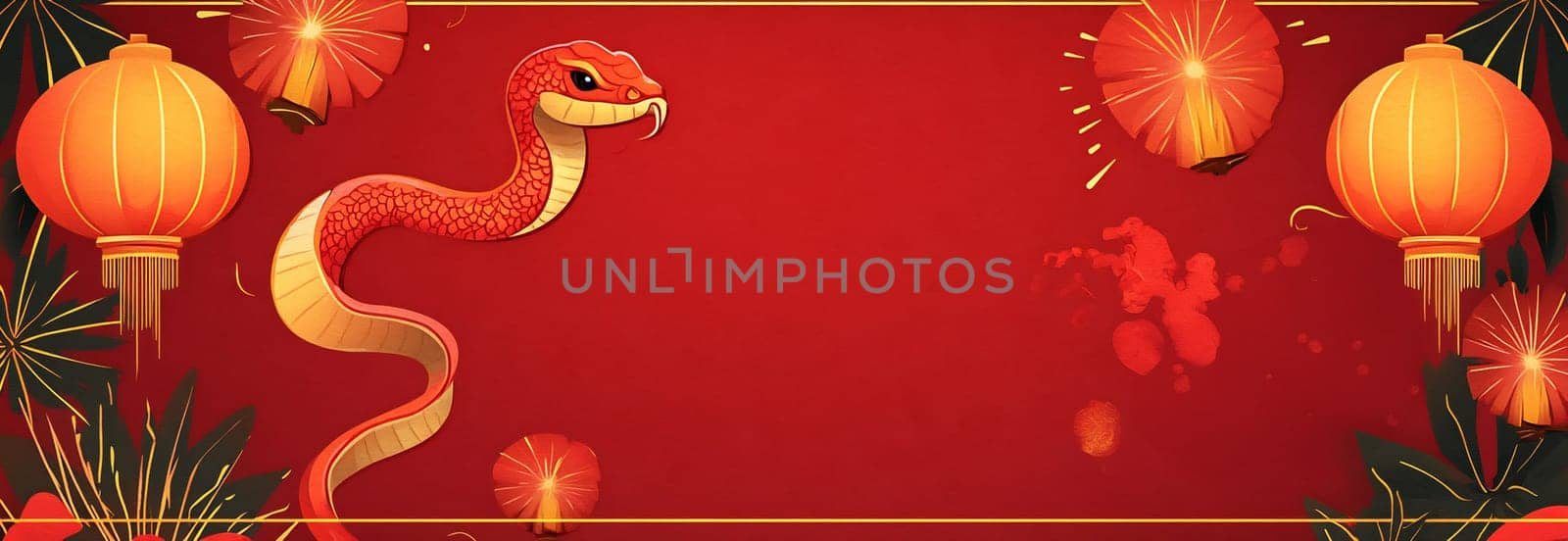 A vibrant red snake is depicted alongside glowing lanterns, celebrating a festive atmosphere and cultural traditions during the festivities.