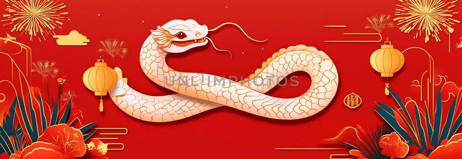 A vibrant display features a white dragon amidst red and gold decorations, symbolizing the Lunar New Year festivities.