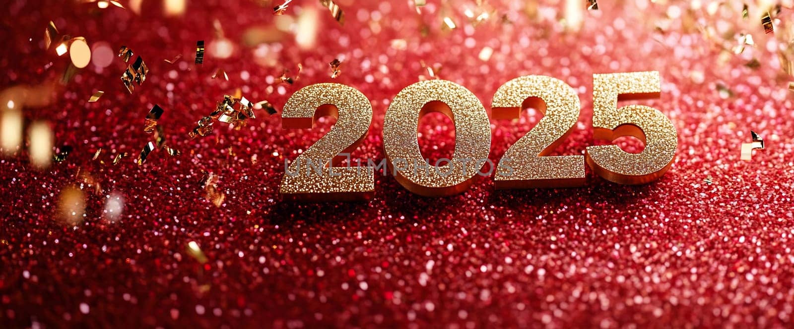 Gold numbers shine brightly against a red glittery background, marking the arrival of the year 2025 with festive confetti surrounding them.