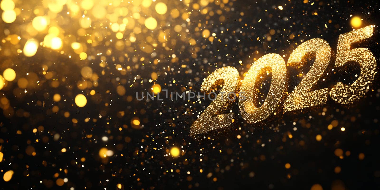 Glittering golden numbers signify the arrival of the year 2025, surrounded by shimmering lights in celebration.