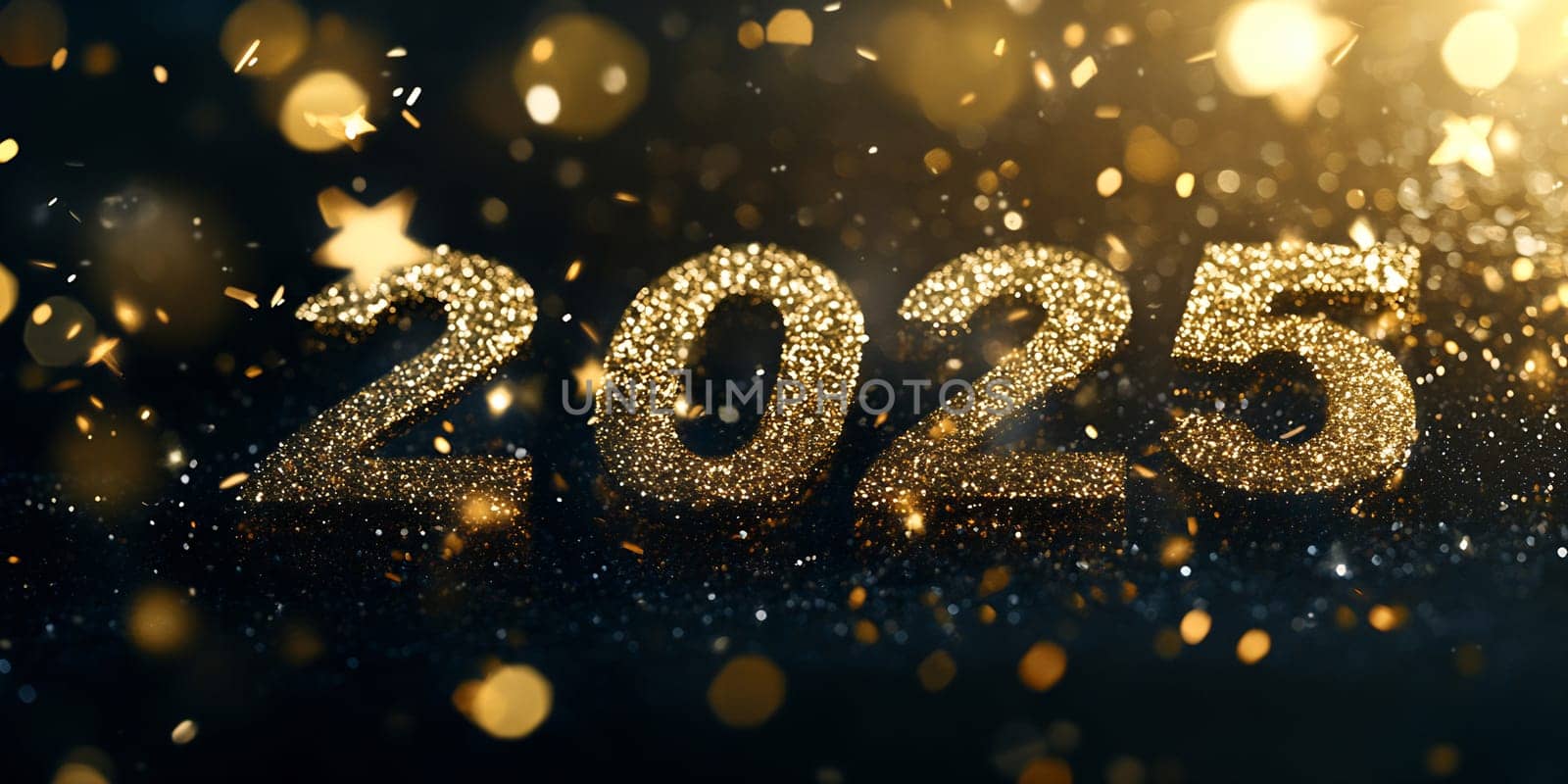Glittering numbers display 2025 with shimmering stars and confetti, creating a festive atmosphere for the New Year celebration.