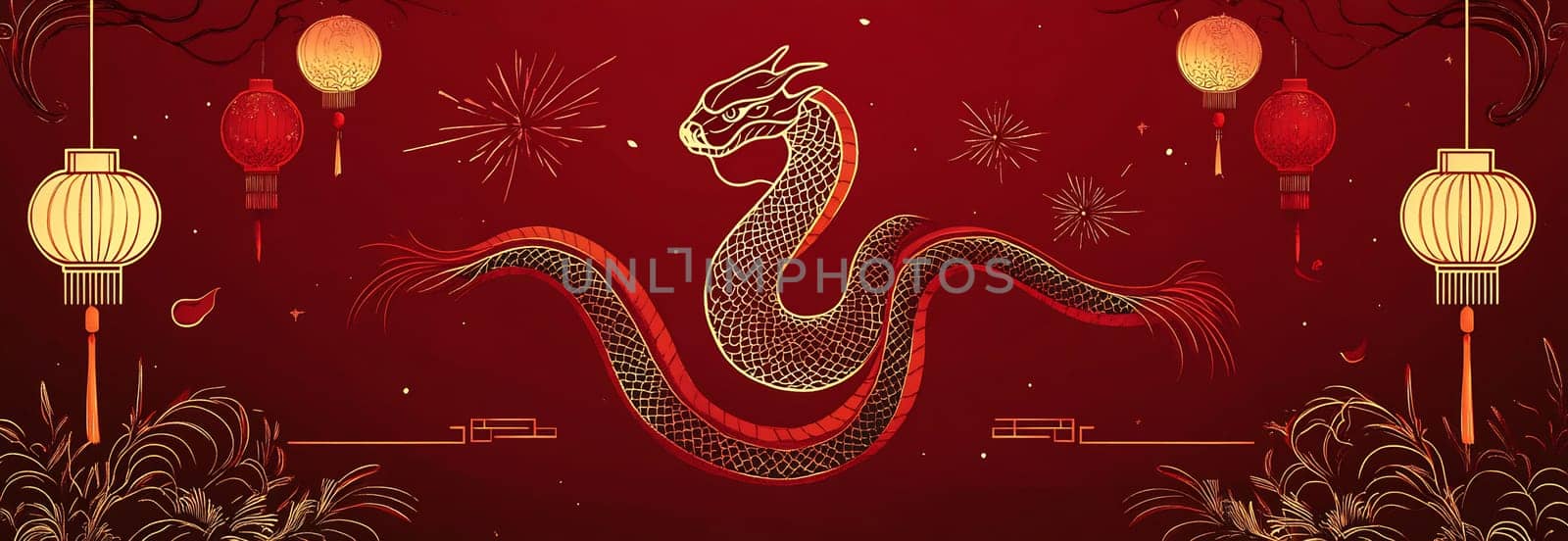 An ornate dragon winds through red backgrounds, decorated with hanging lanterns, embodying festive spirit and celebration.