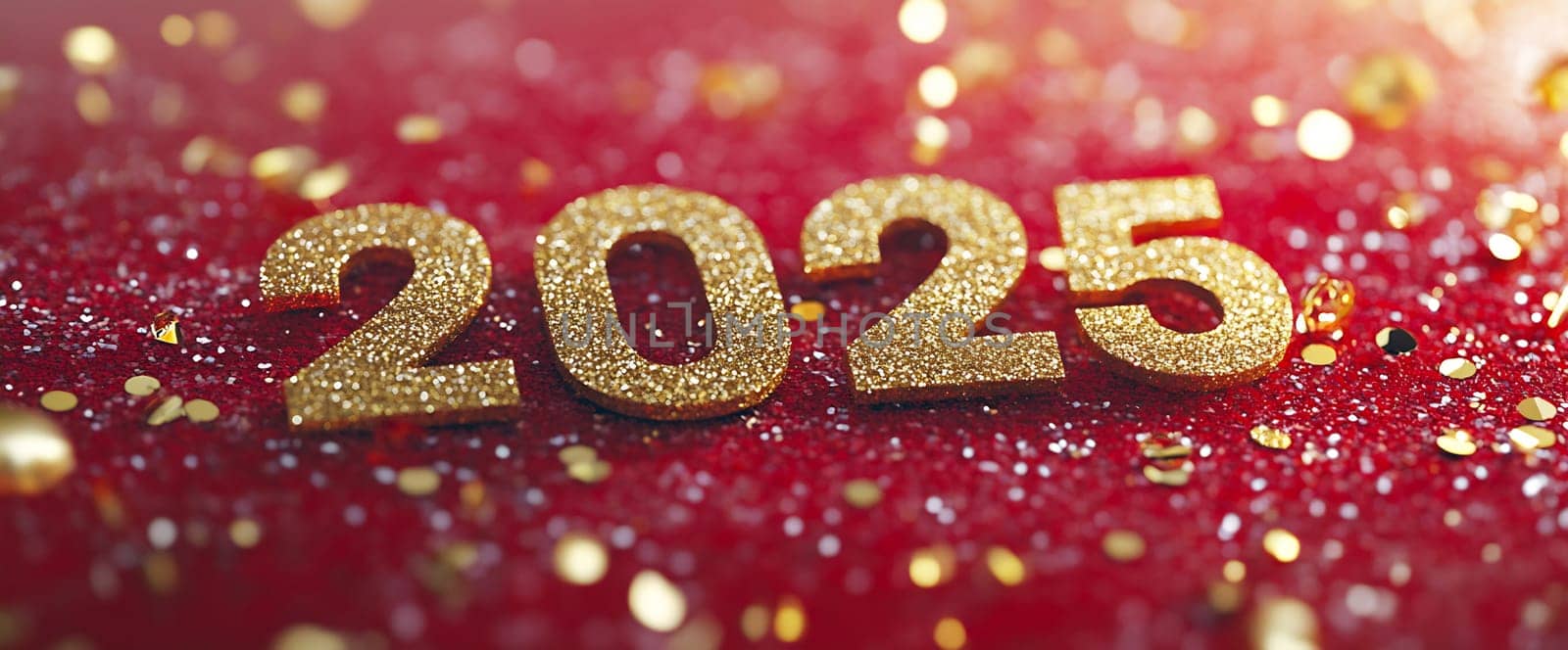 Golden numbers 2025 shine brightly on a festive red background sprinkled with sparkles, symbolizing the arrival of a new year.