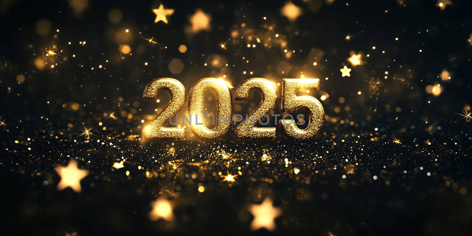 A sparkling display of golden numbers 2025, surrounded by shimmering stars, setting a festive mood for New Year celebrations.