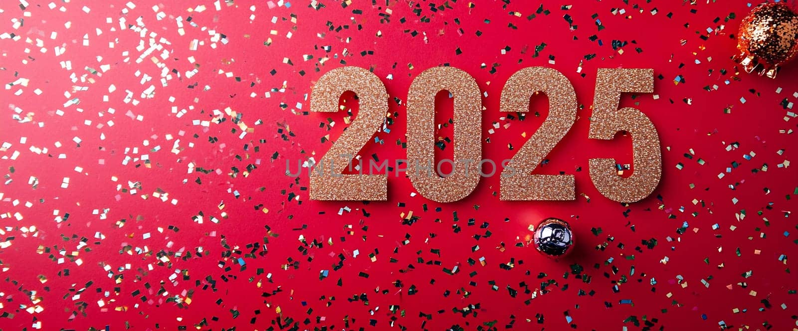 The festive atmosphere features glittering 2025 numbers and colorful confetti scattered on a vibrant red background.