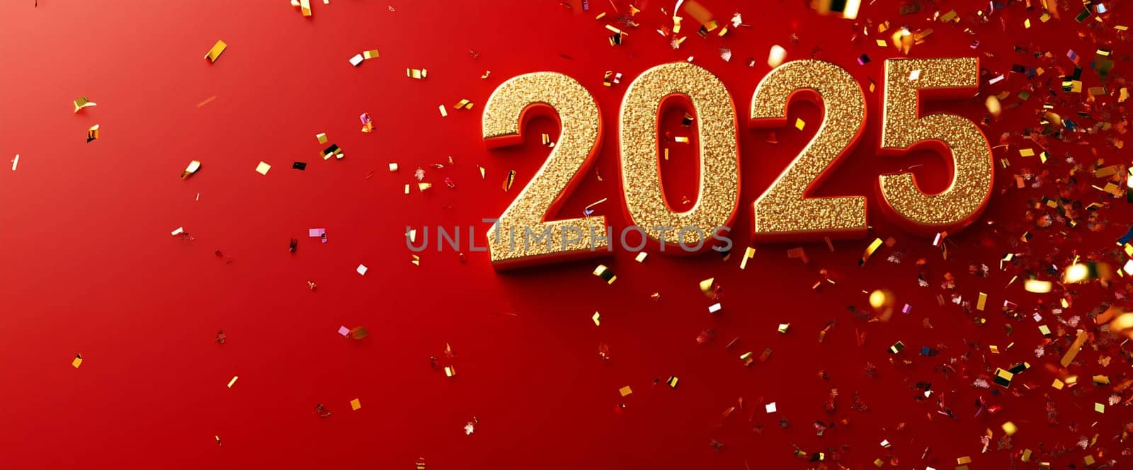 Sparkling golden numbers display the year 2025, surrounded by colorful confetti on a festive red background.