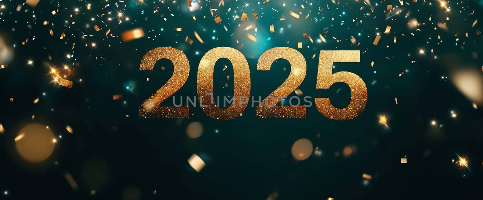 Golden letters form the year 2025, surrounded by sparkles and confetti, capturing the festive atmosphere of New Year's celebrations.