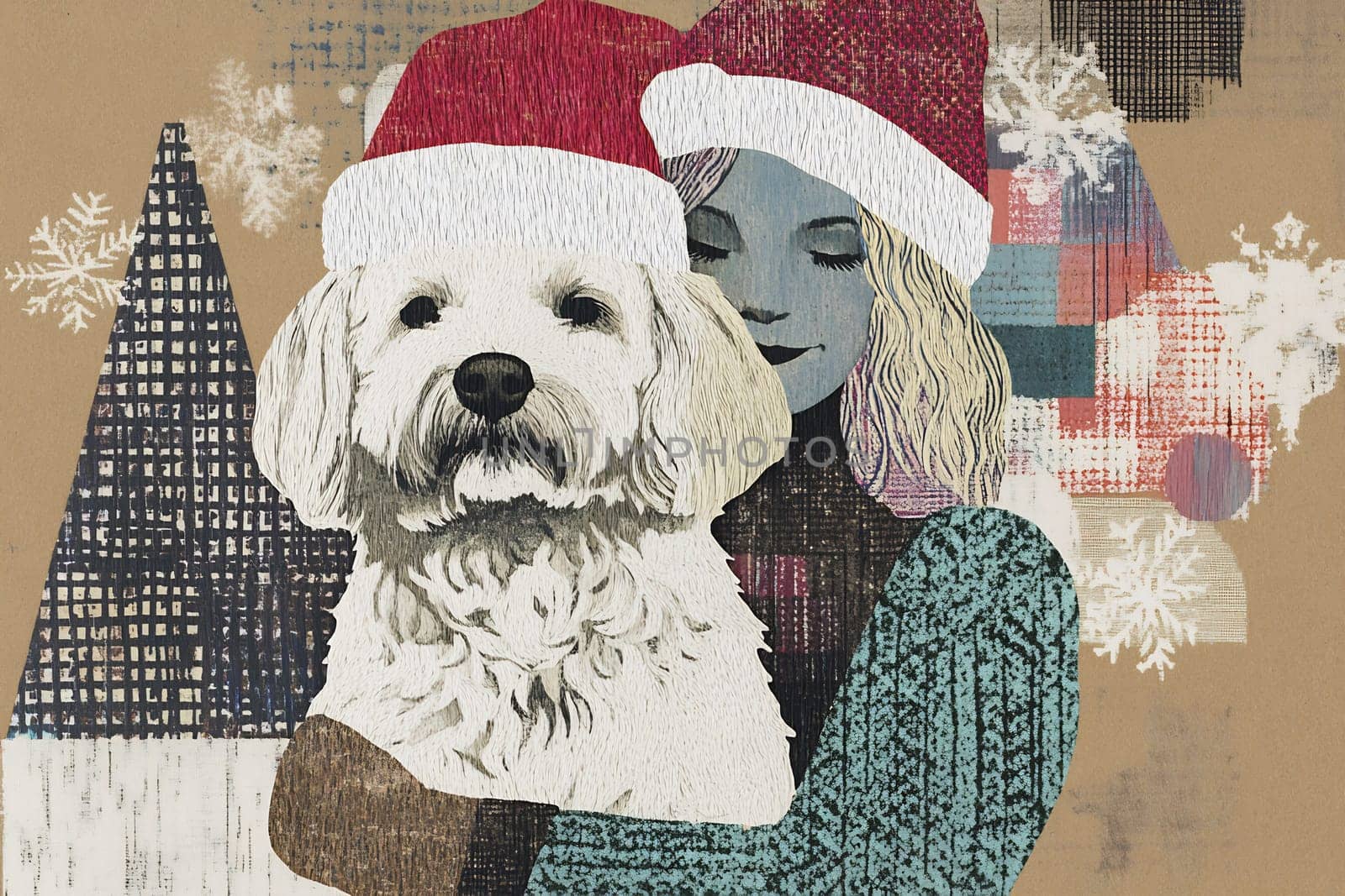 A girl in a festive sweater joyfully holds her dog, both wearing Santa hats, celebrating the holiday season together.
