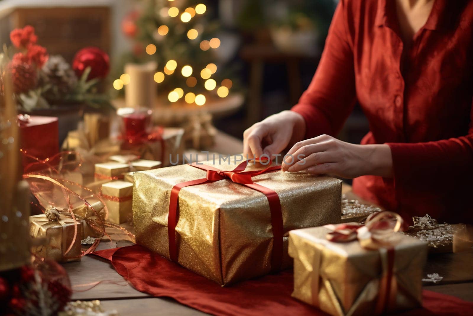 A person dressed in red prepares beautifully wrapped gifts with ribbons, surrounded by festive decorations and soft lights, evoking holiday cheer.