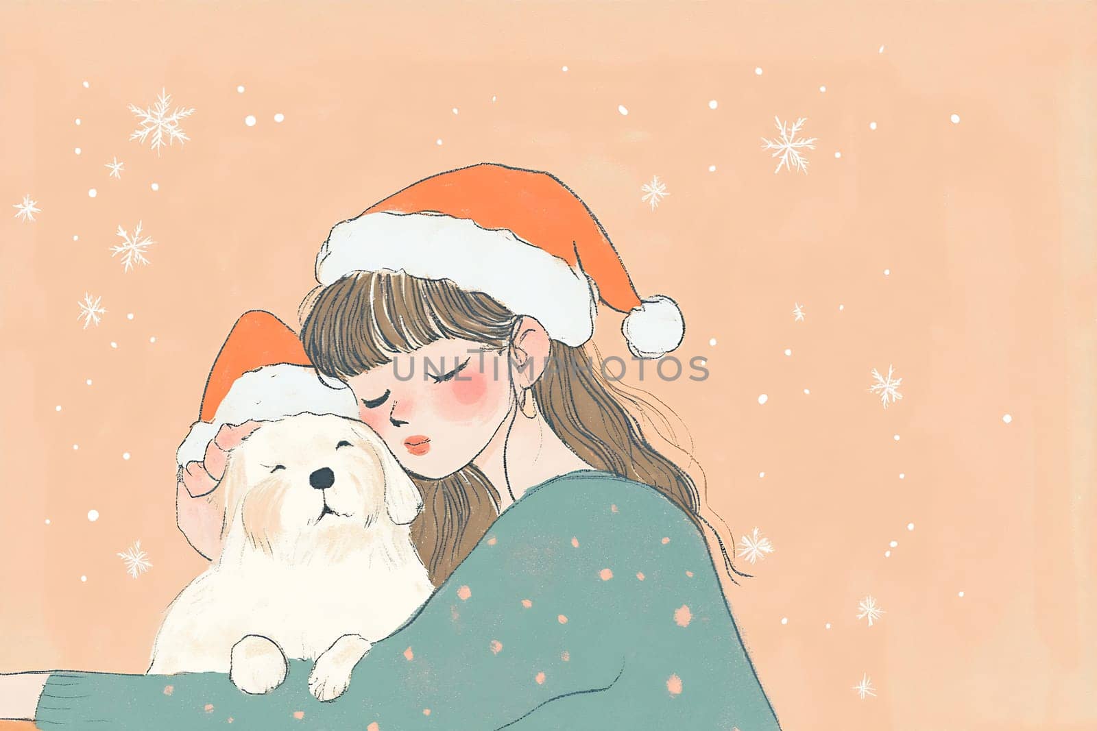 A girl in a green sweater hugs a fluffy dog, both wearing festive hats, celebrating the warmth of the holiday season.