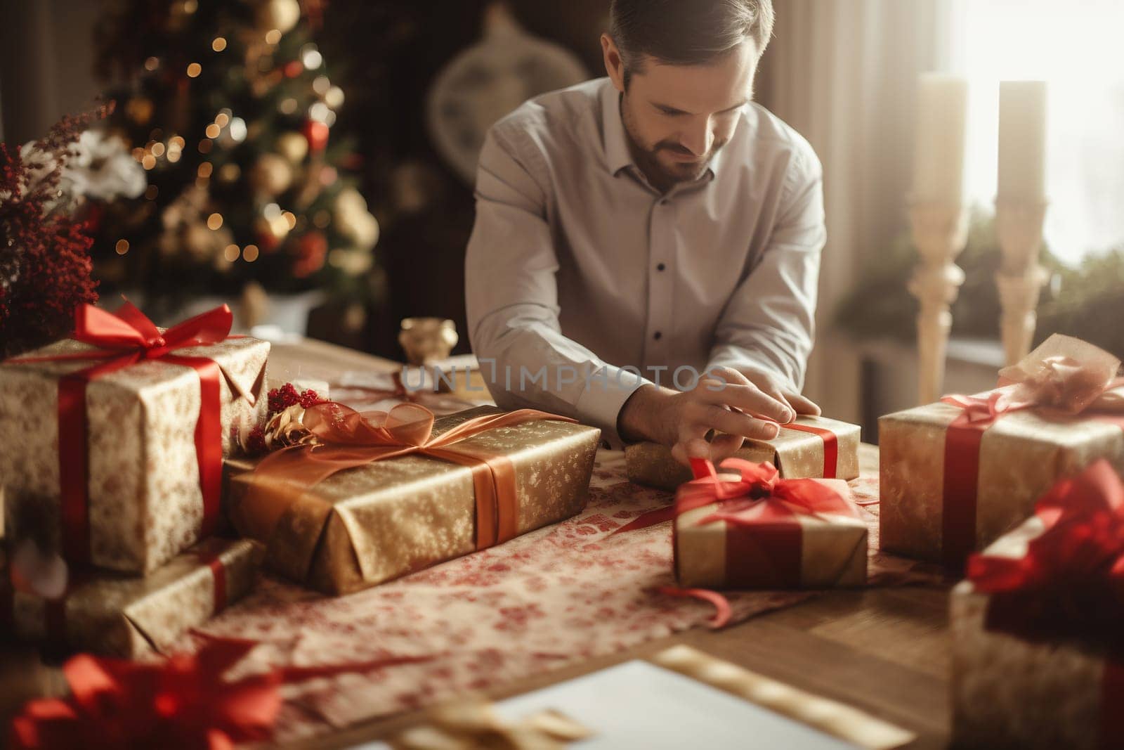 A man carefully wraps colorful Christmas presents on a wooden table while a decorated tree glows warmly in the background.