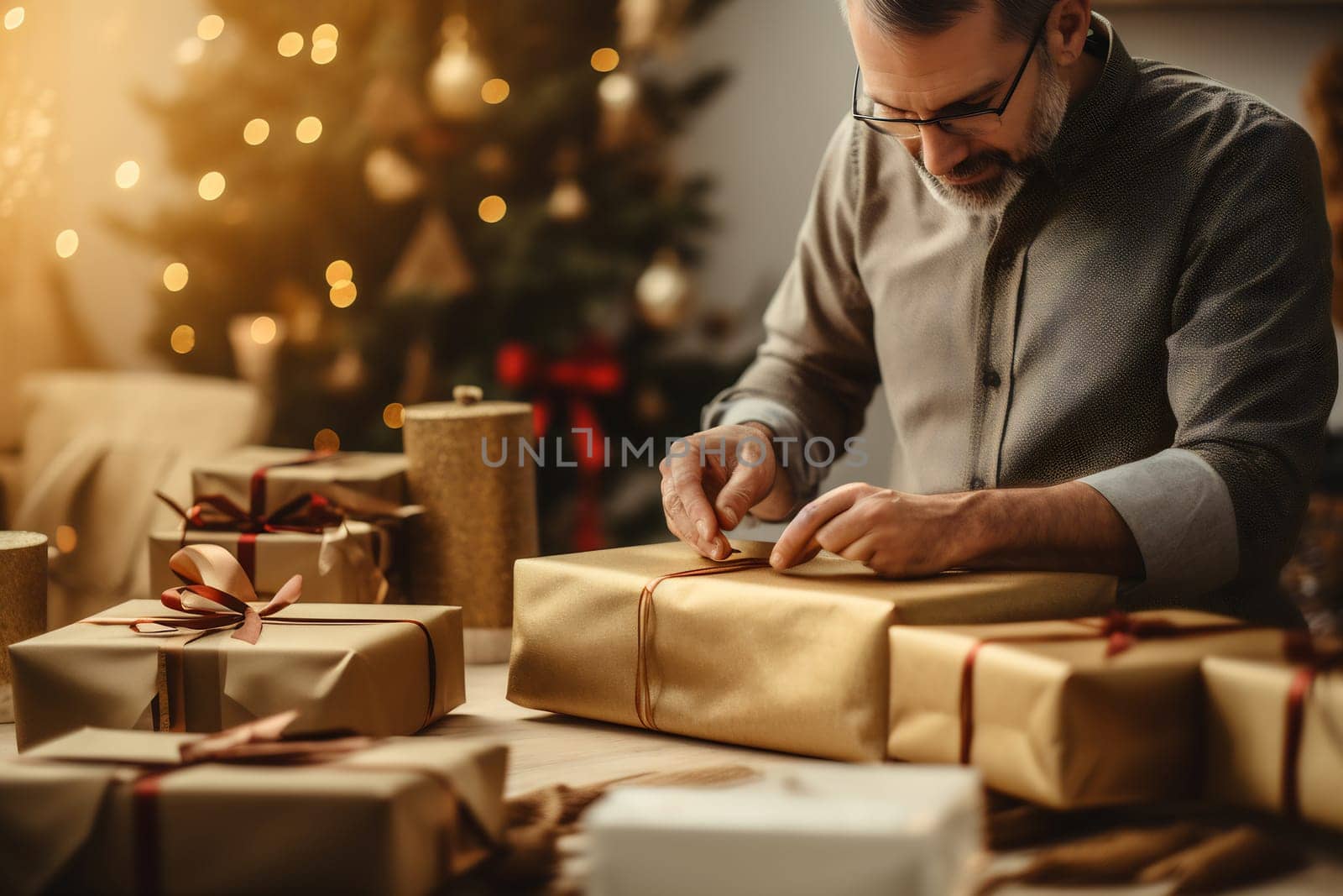 A man carefully wraps holiday gifts with gold paper and red ribbons, surrounded by festive decorations and Christmas lights.