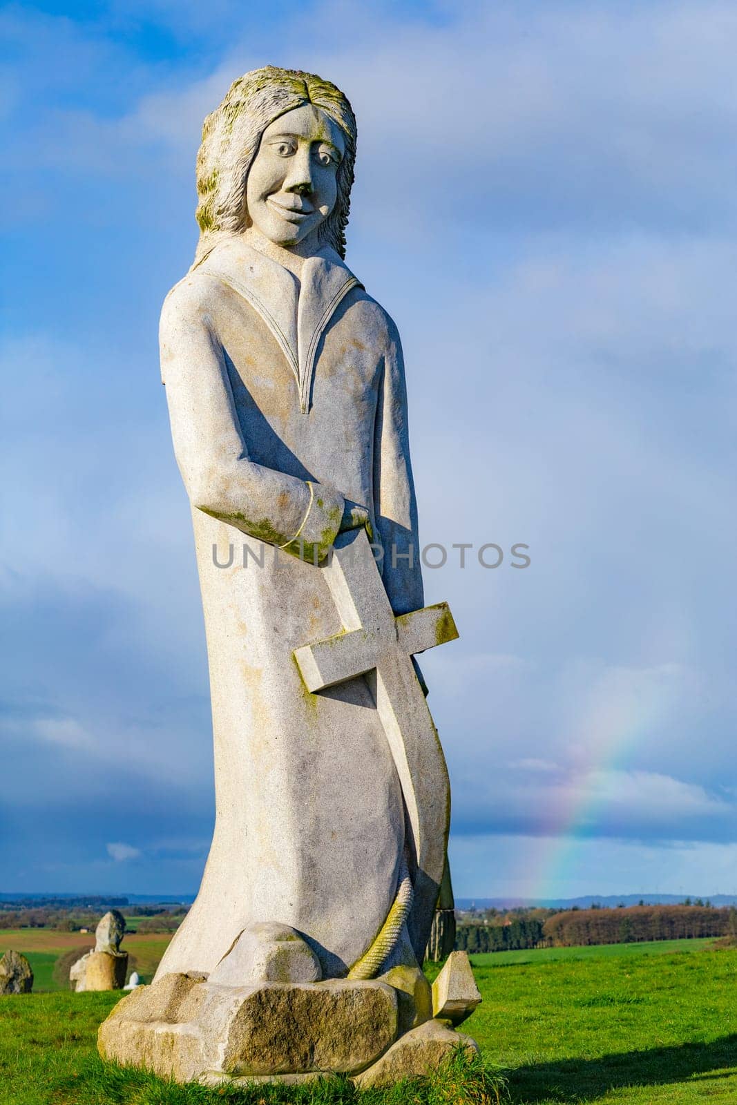 Carnoët, Bretagne, France - March 22th 2017 : Granite statue of Saint Riom, sculpted by sculptor Antoine Kito in Brittany's Valley of the Saints in Carnoet, Bretagne