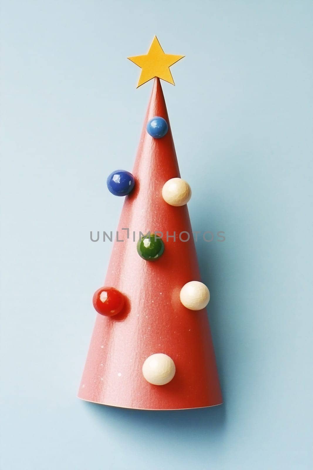 A red paper Christmas tree decorated with colorful balls and topped with a yellow star, perfect for holiday crafting.
