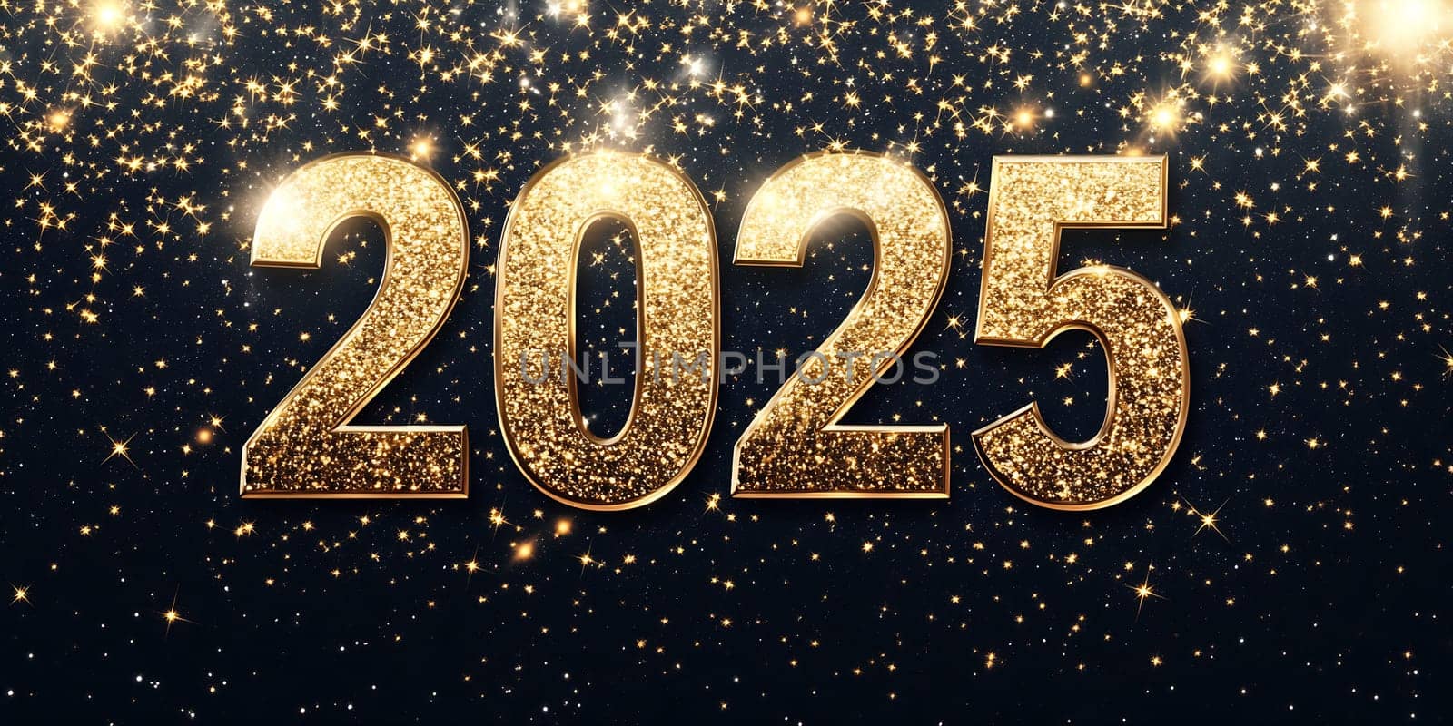 Golden 2025 numbers shine brightly against a dark background filled with glittering stars, signaling New Year's festivities.