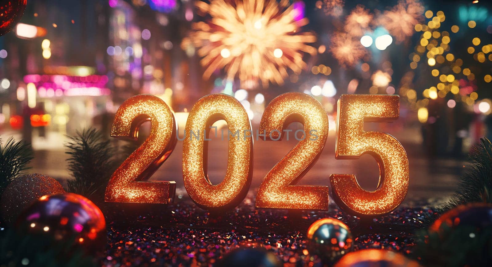 The vibrant display of fireworks illuminates the night as a sparkling 2025 welcomes the New Year amidst festivities and excitement.