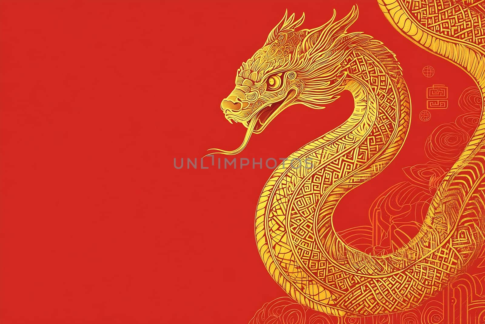 A majestic golden dragon winds across a vibrant red background, symbolizing power and strength in a cultural context.