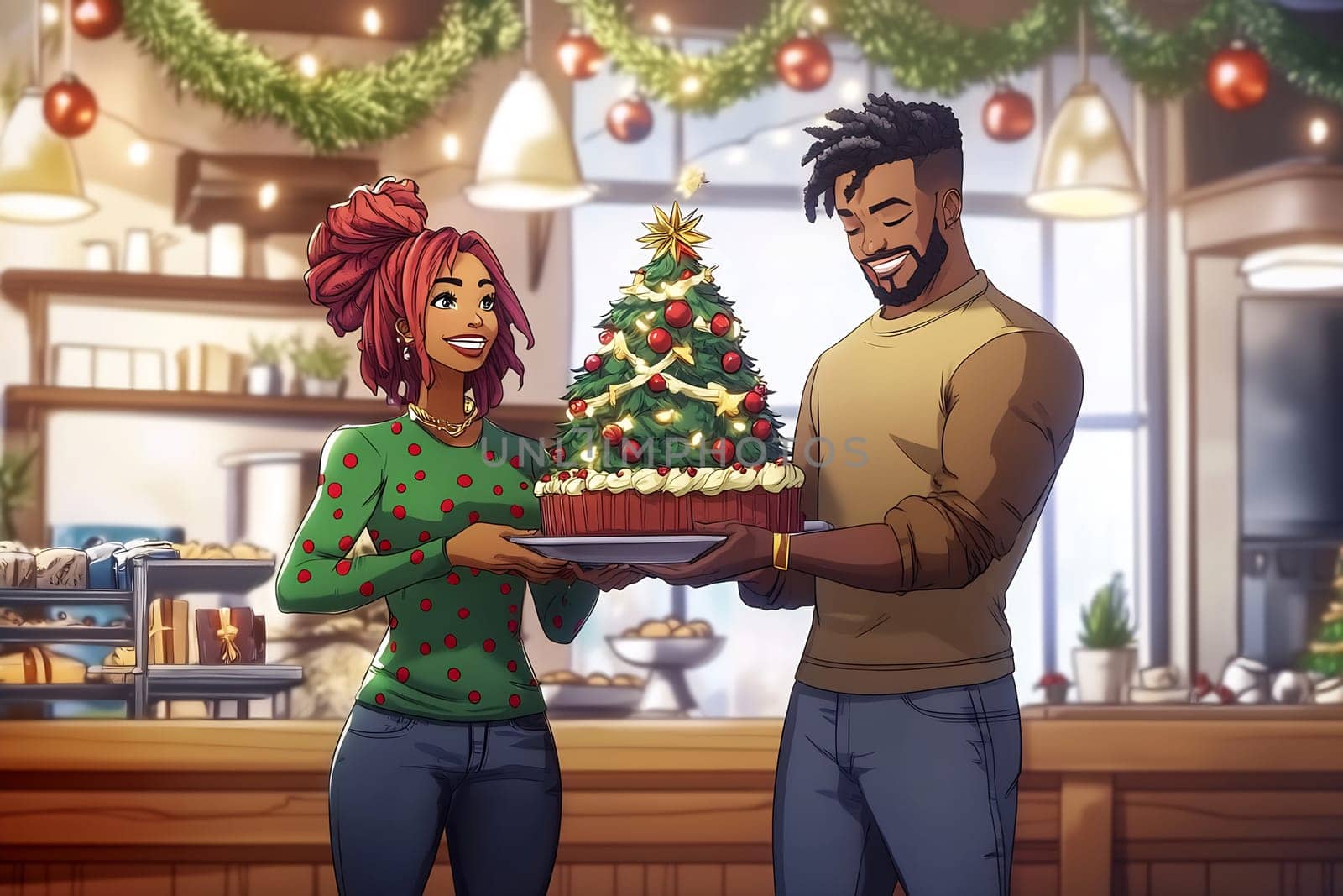 A cheerful couple holds a festive cake beside a decorated Christmas tree in a cozy café, enjoying the holiday spirit together.