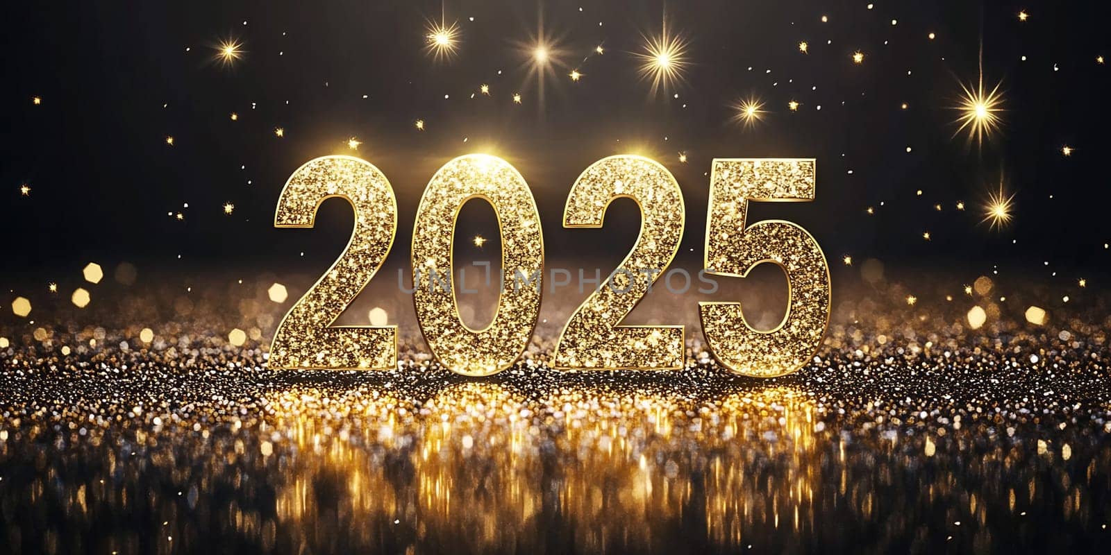 A vibrant display of shimmering golden numbers 2025 against a sparkling backdrop, heralding New Year's celebrations and festivities.