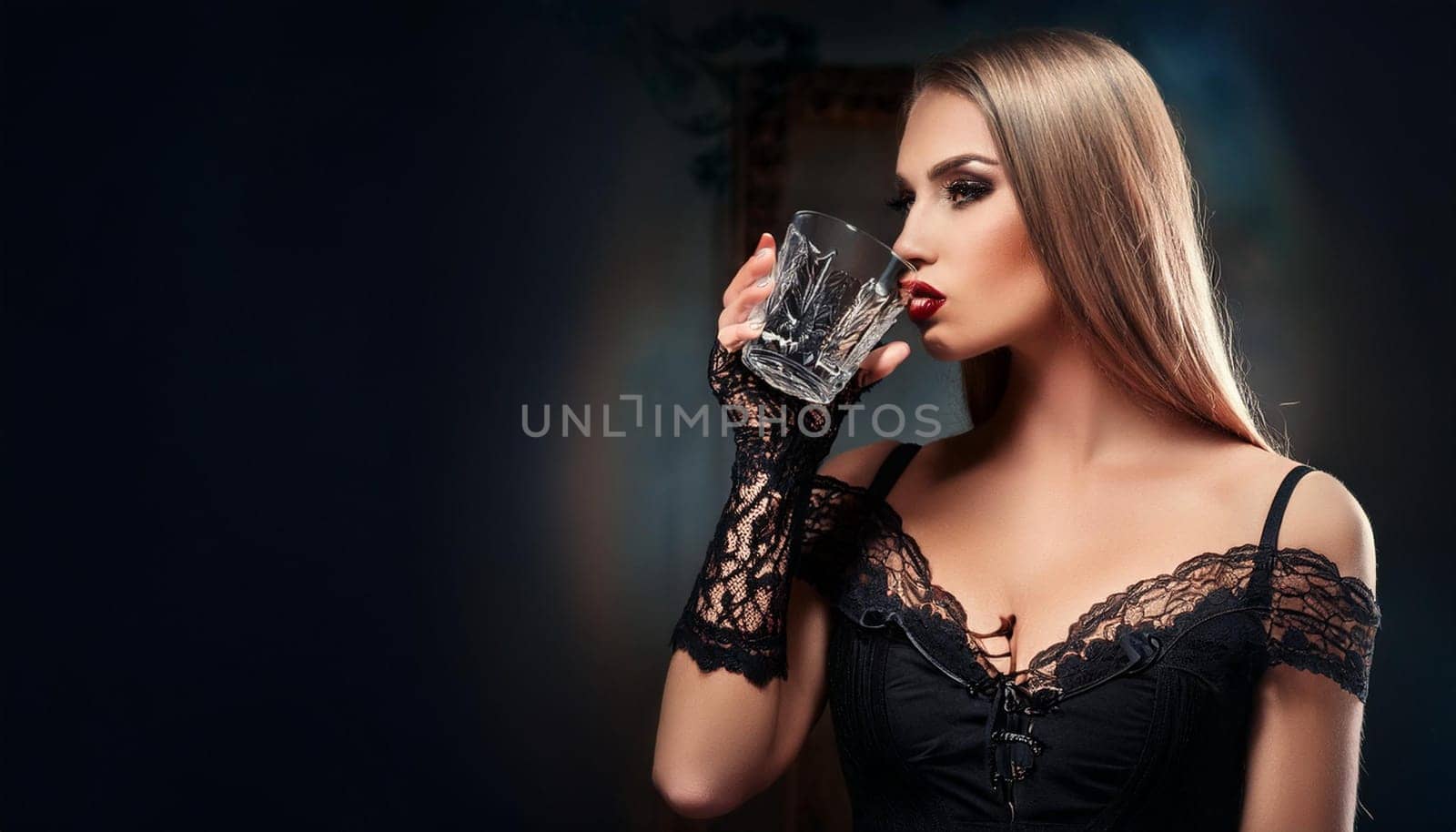 pretty young goth woman drinking, AI generated image