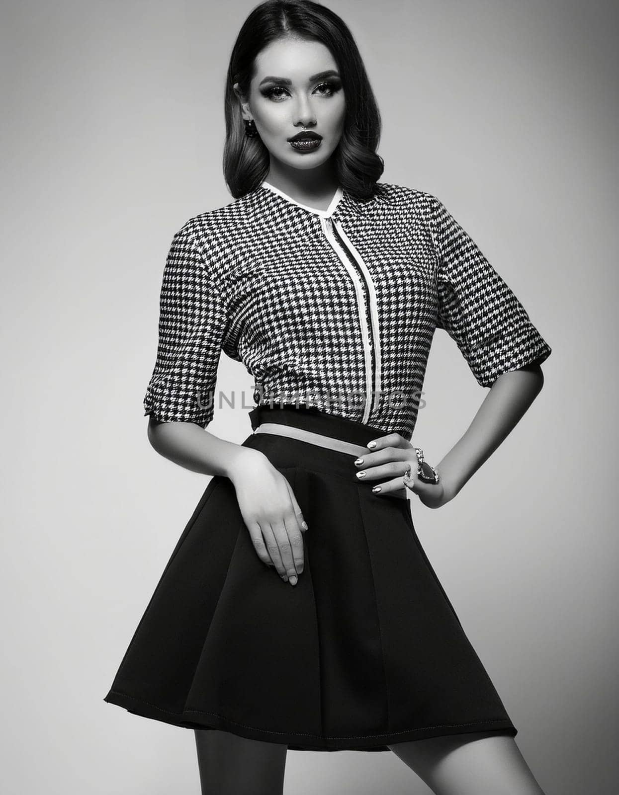 portrait of pretty young woman in black and white, AI generated image