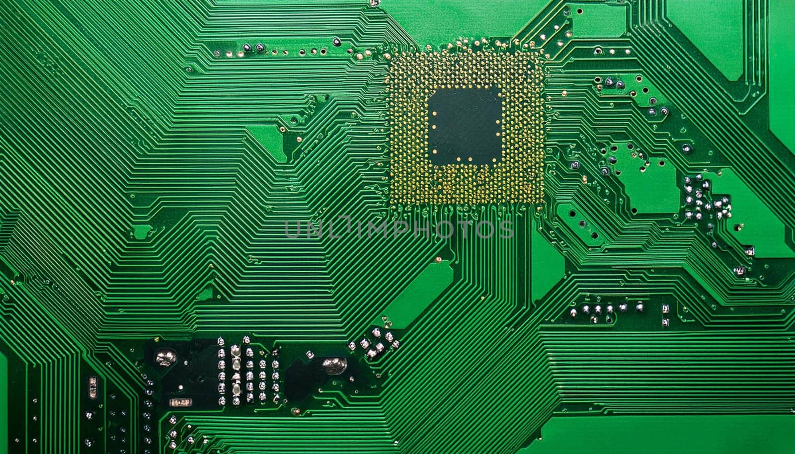 detail of an electronic printed circuit board PCB, AI generated image