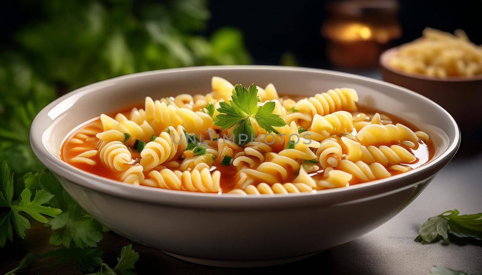 vegetarian fusilli pasta minestrone, AI generated image