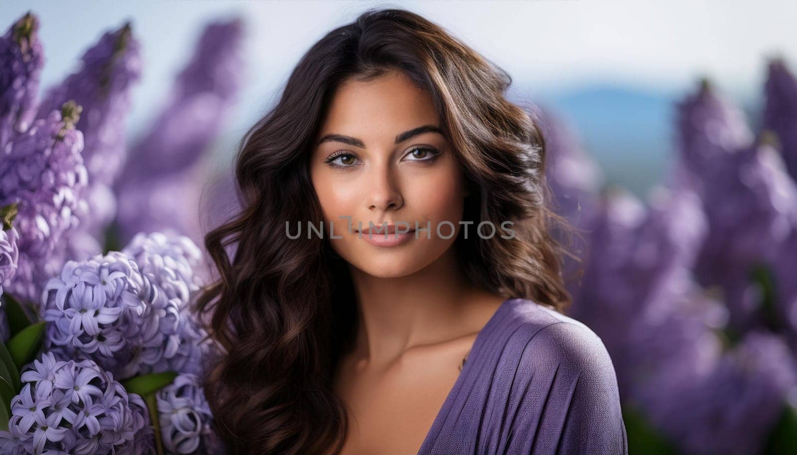 pretty young woman in hyacinth garden, AI generated image