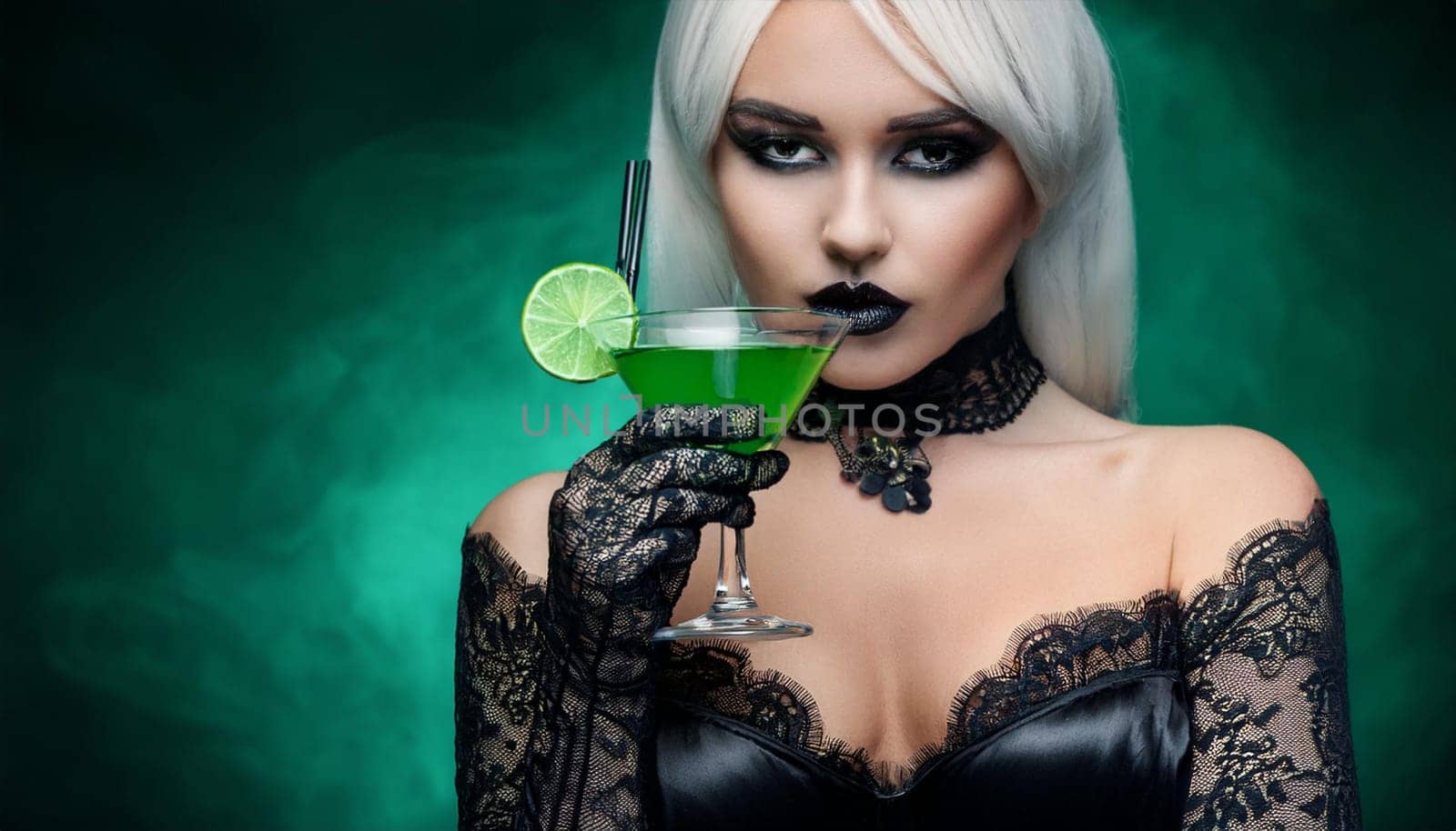 pretty young goth woman drinking, AI generated image