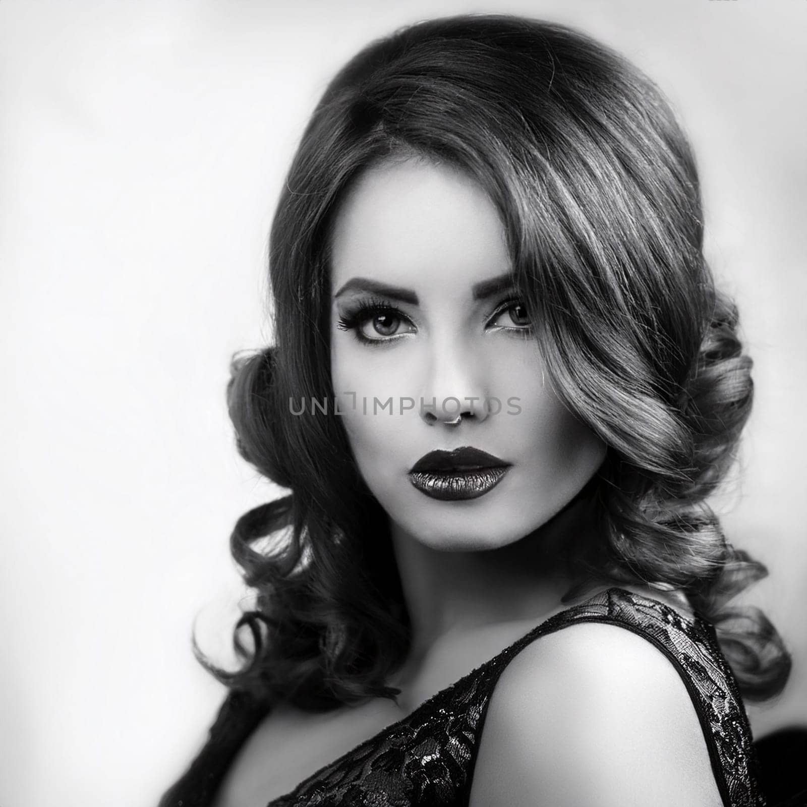 portrait of pretty young woman in black and white, AI generated image