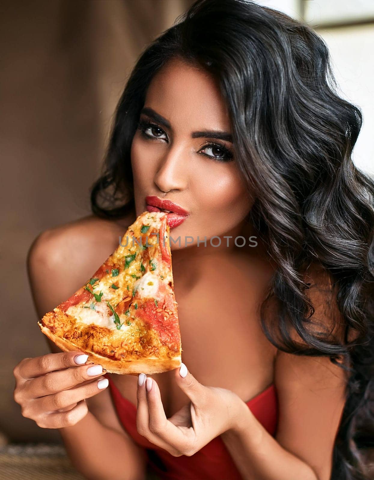 gorgeous young woman eating pizza margherita, AI generated image