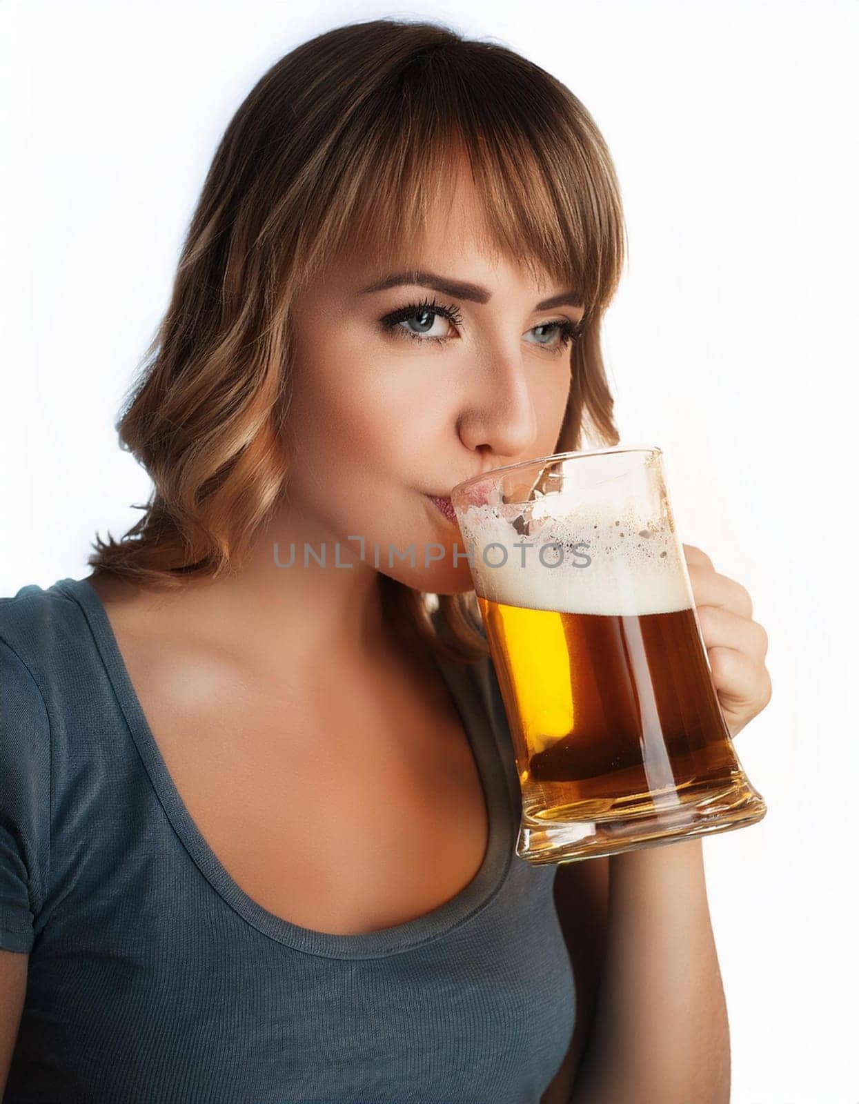 pretty young woman drinking beer, AI generated image