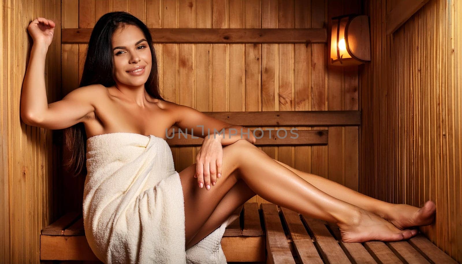pretty young woman in a sauna, AI generated image