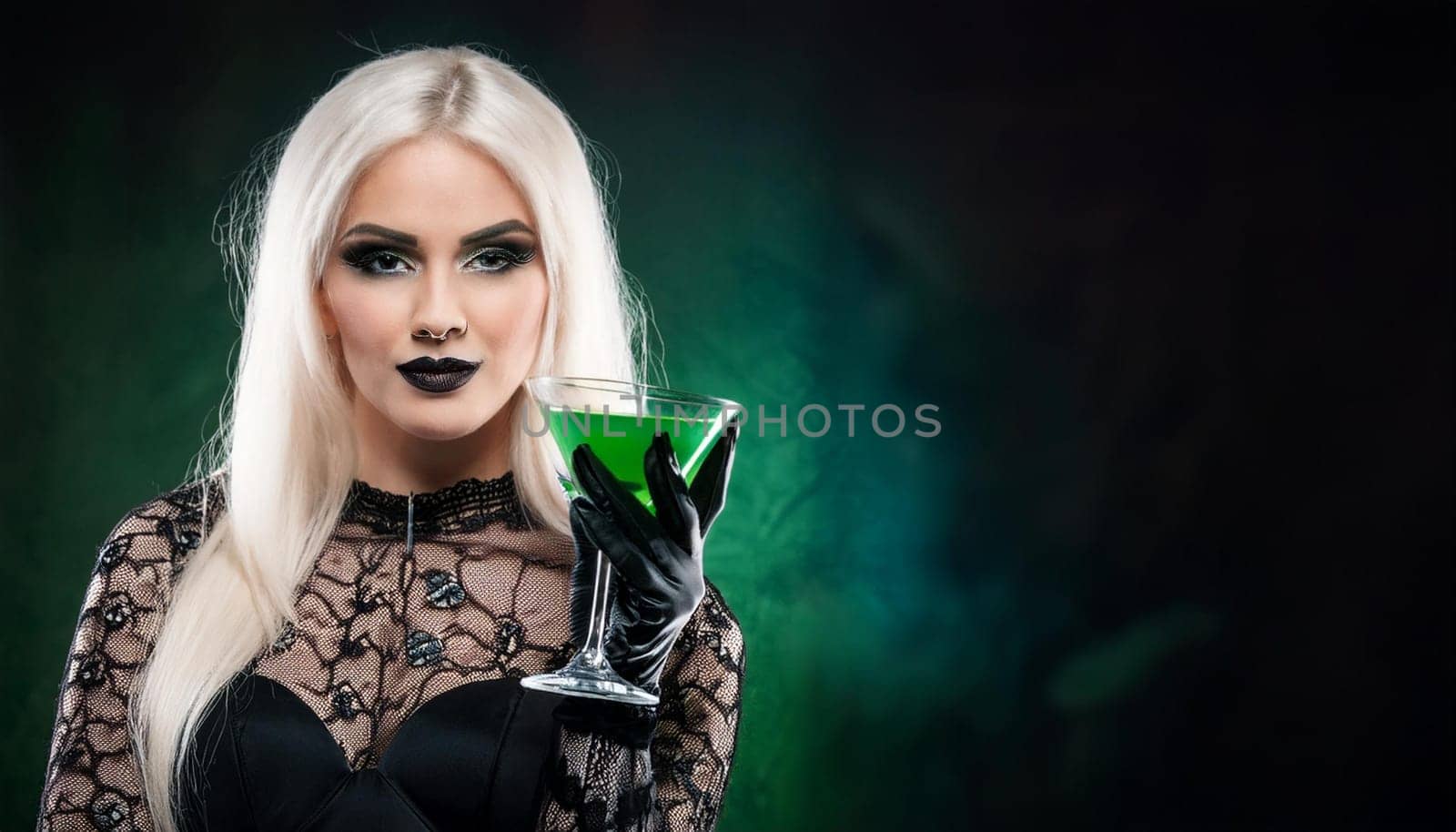 pretty young goth woman drinking, AI generated image