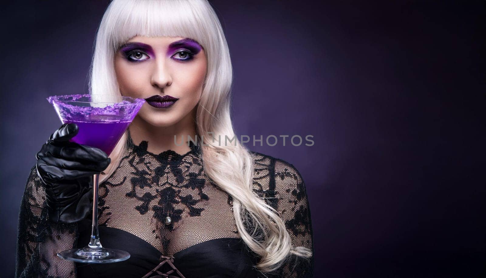 pretty young goth woman drinking, AI generated image