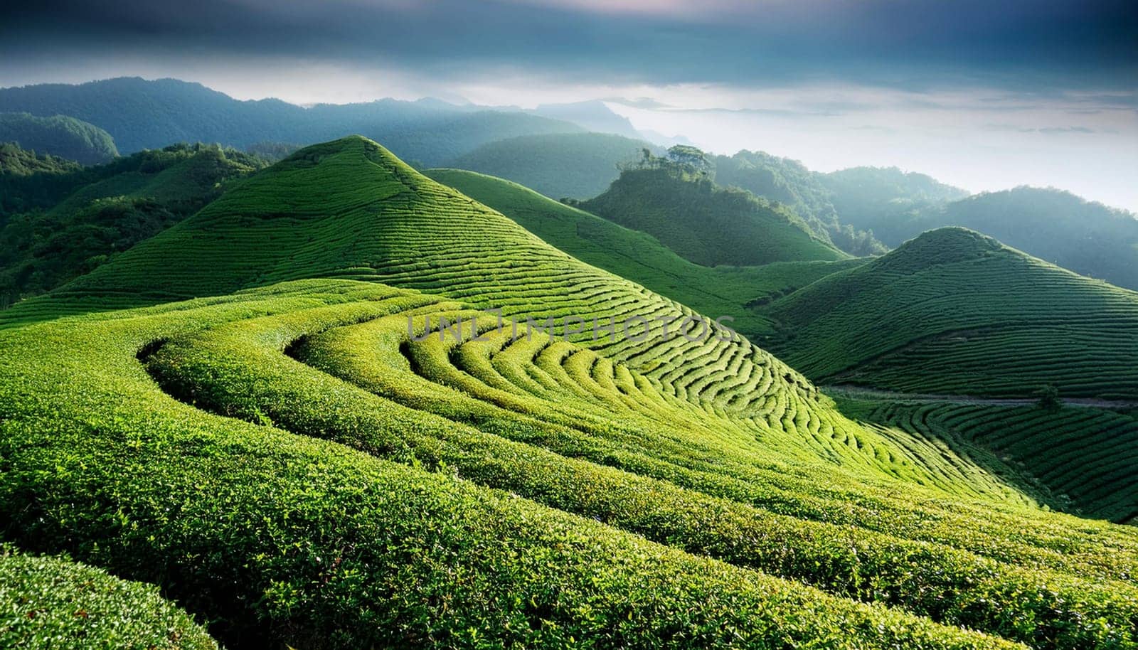 field of tea plants, AI generated image