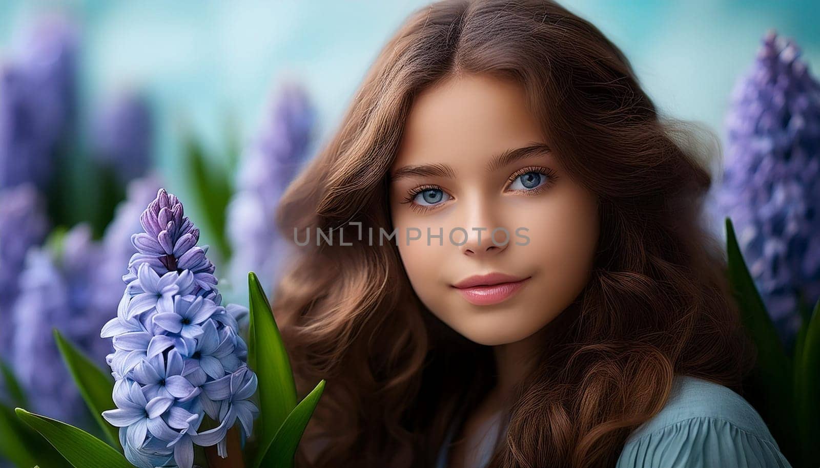 pretty young woman in hyacinth garden, AI generated image