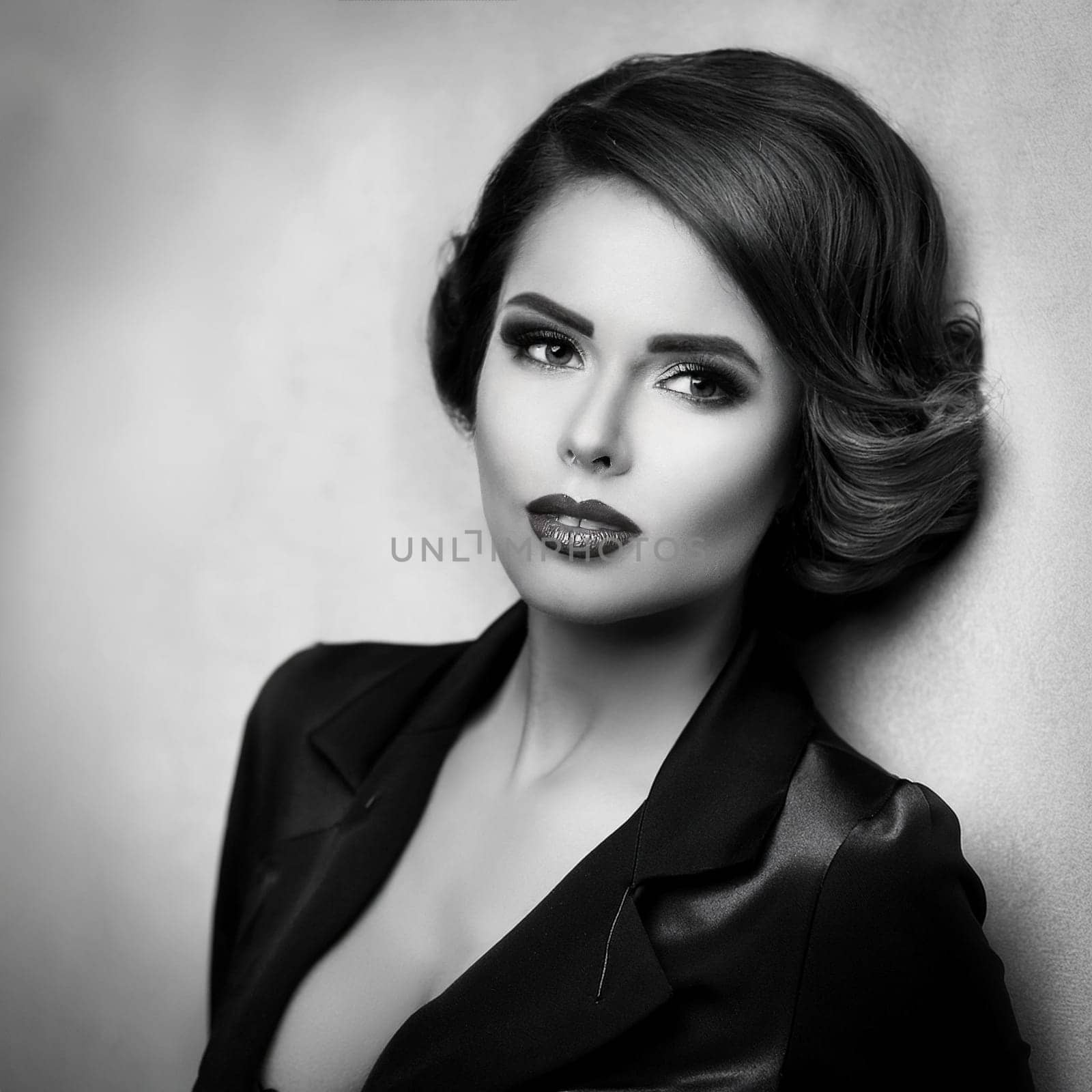 portrait of pretty young woman in black and white, AI generated image