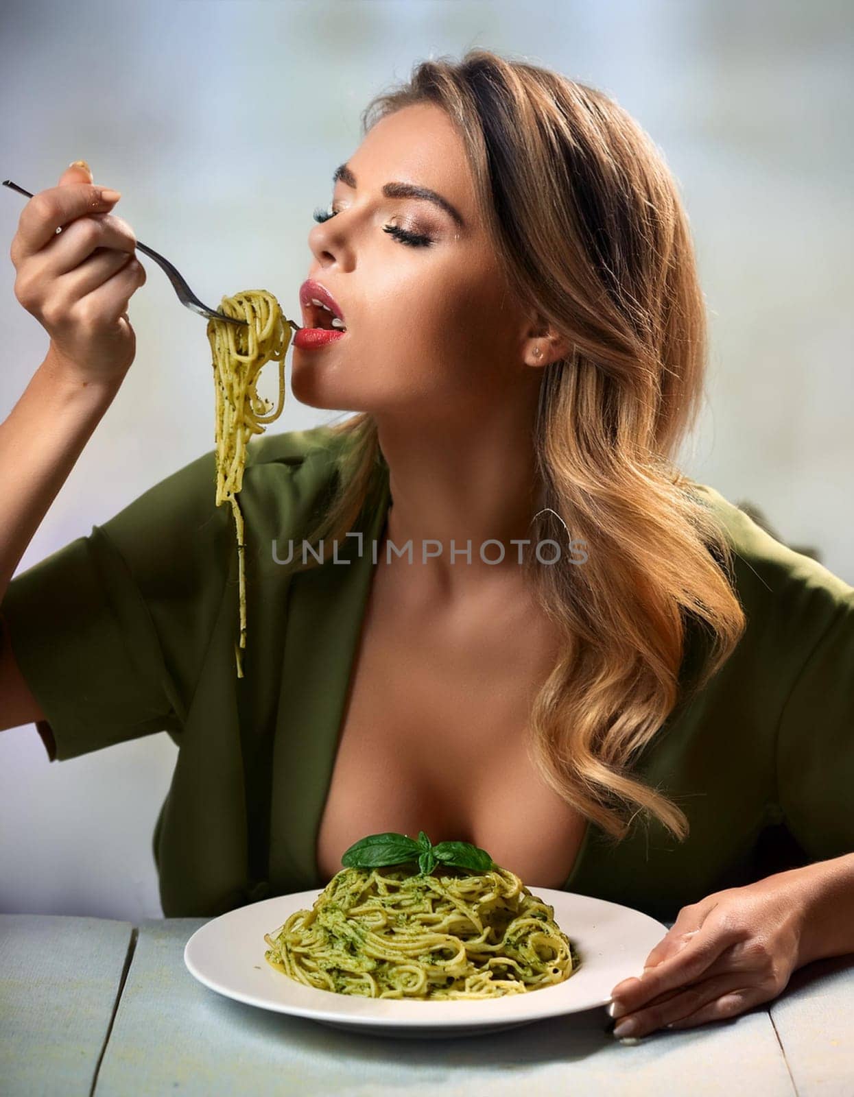 pretty young woman eating spaghetti al pesto, AI generated image
