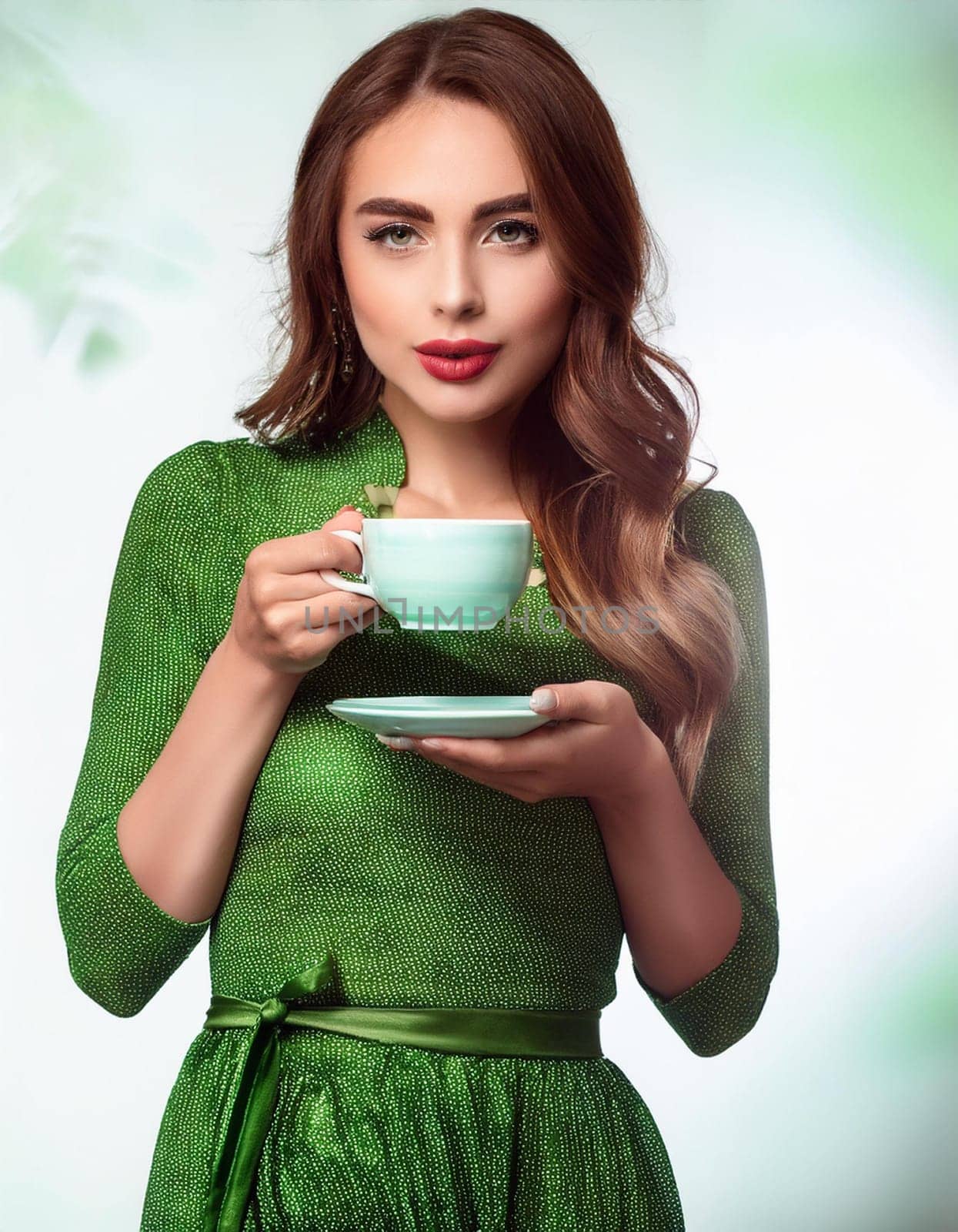 pretty young woman drinking green tea, AI generated image