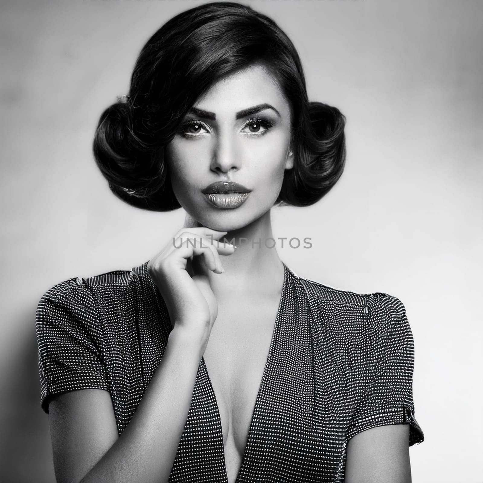 portrait of pretty young woman in black and white, AI generated image