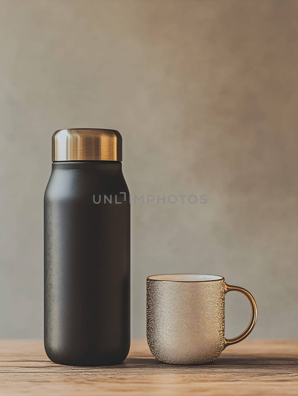 A sleek black thermos rests next to an elegant golden mug on a wooden surface, creating a modern and minimalist look.