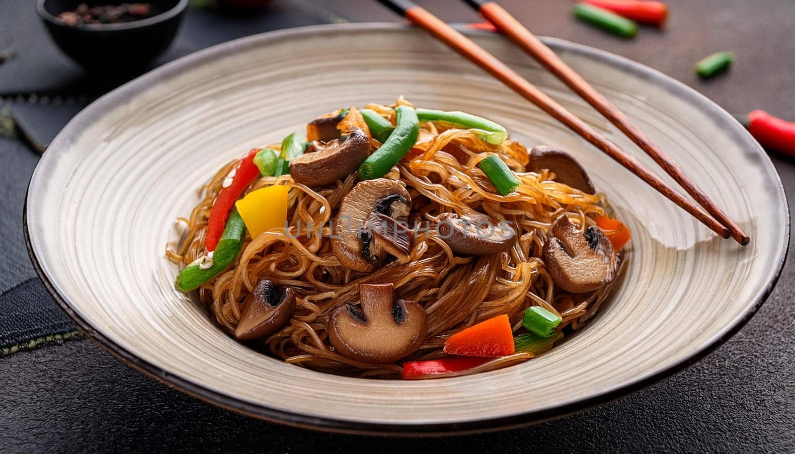 vegetarian asian rice noodles with shiitake mushrooms and vegetables, AI generated image