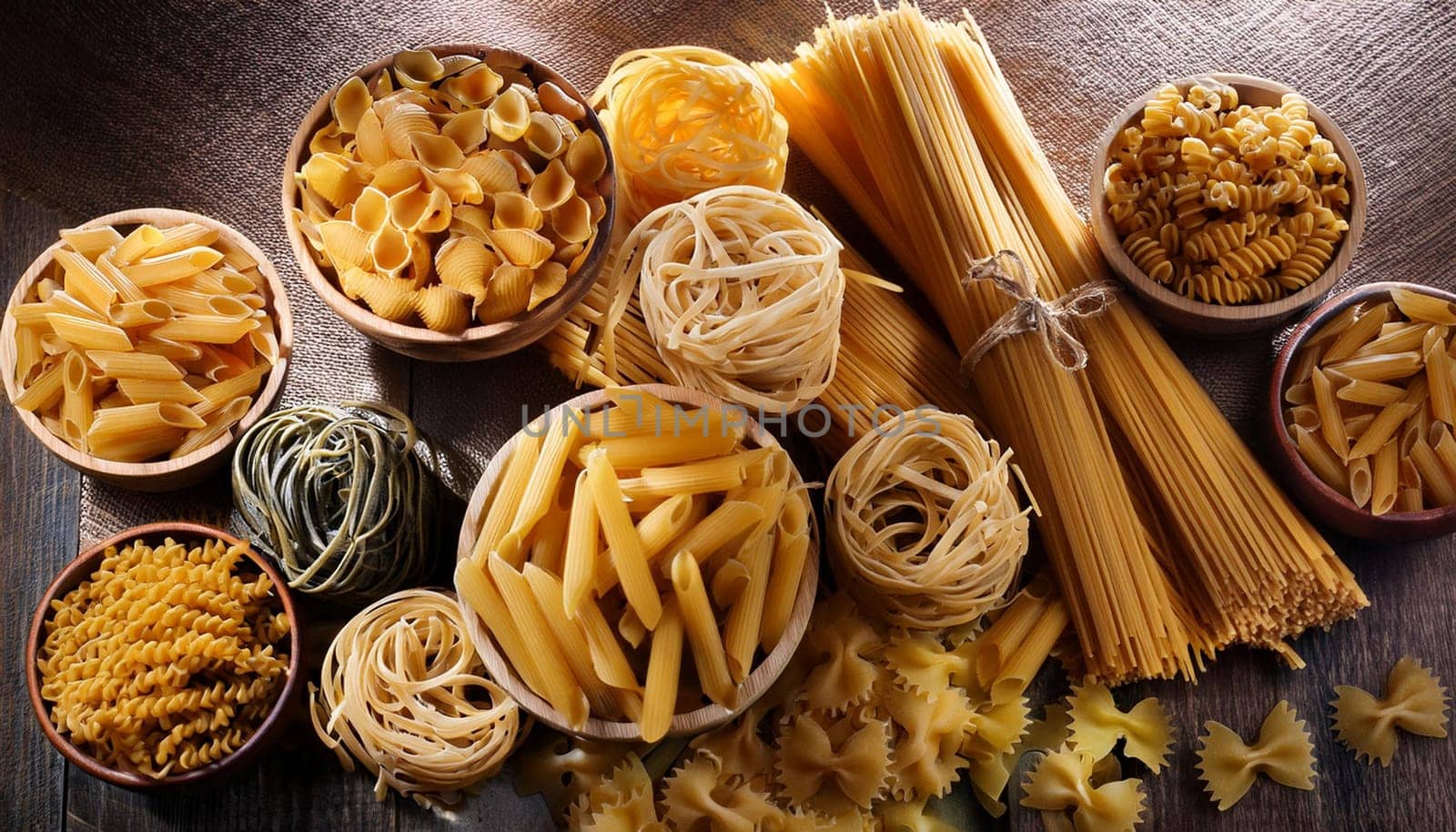 many different kinds of pasta, AI generated image